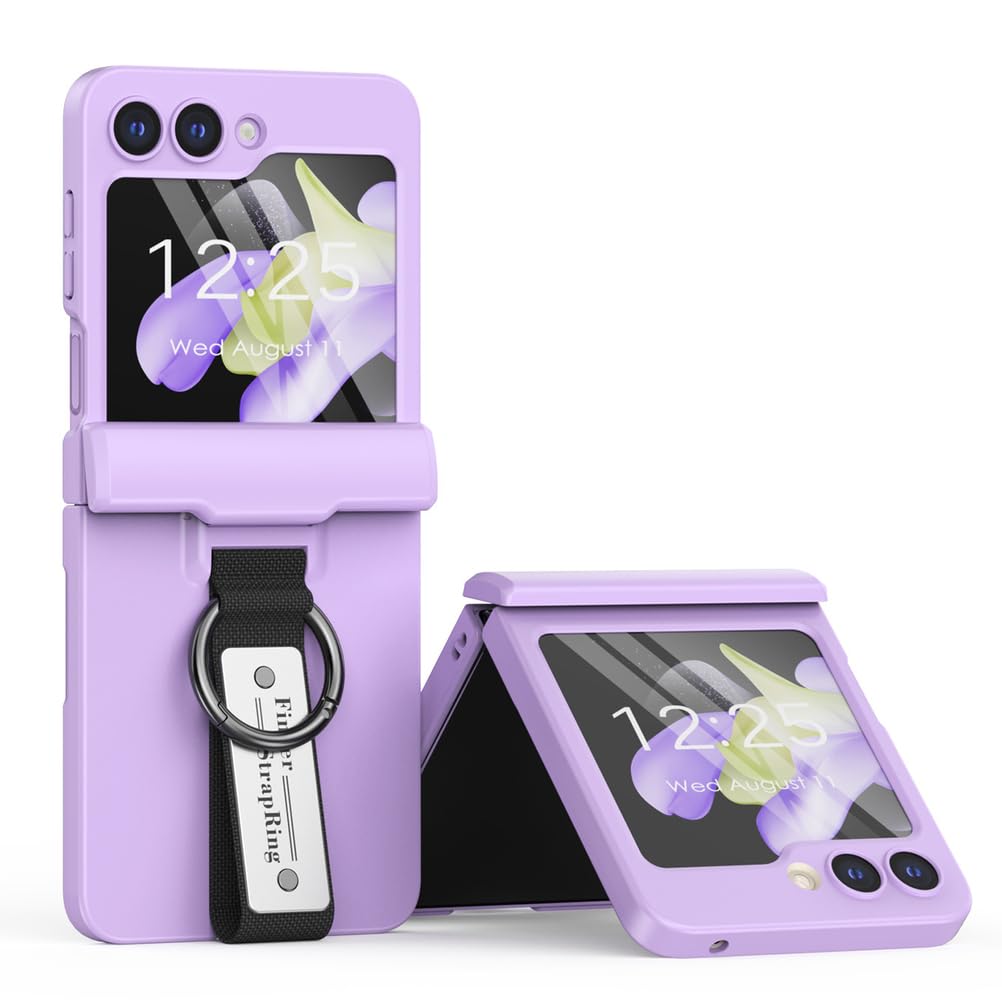 Étui pour Samsung Galaxy Z Flip 7, Mince Coque en PC Rigide avec Bracelet Anneaux Housse Antichoc Complète Corps Protection,Violet,Flip 7