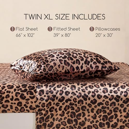 Image of MR&HM Satin Bed Sheets, Twin XL Size Sheets Set, 3 Pcs Silky Bedding Set with 15 Inches Deep Pocket for Mattress (Twin XL, Brown Leopard)
