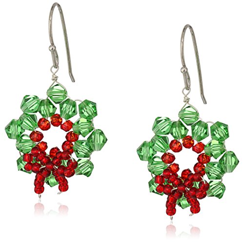 Amazon Collection Sterling Silver Wreath with Bow Crystal Beaded Drop Earrings