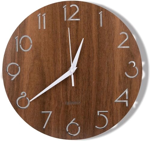 WUWEOT Wanduhr Holz 30,5 cm Küchenuhr Ohne Tickgeräusche Quartz Lautlos Wanduhr Landhausstil Wall Clock Wanduhr Schleichende Sekunde ohne Ticken Uhr Wand für Küche Zuhause Büro Wohnzimmer Dunkelbraun