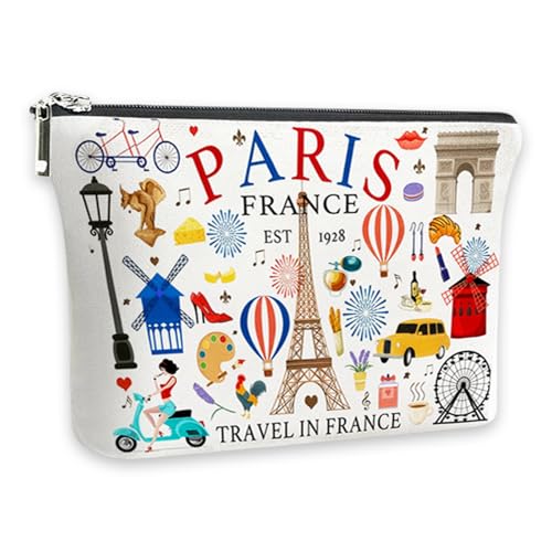 Trousse de toilette de voyage Paris - Petite trousse de maquillage avec doublure - En lin - Cadeau Paris - Petite trousse de maquillage avec impression recto-verso -...