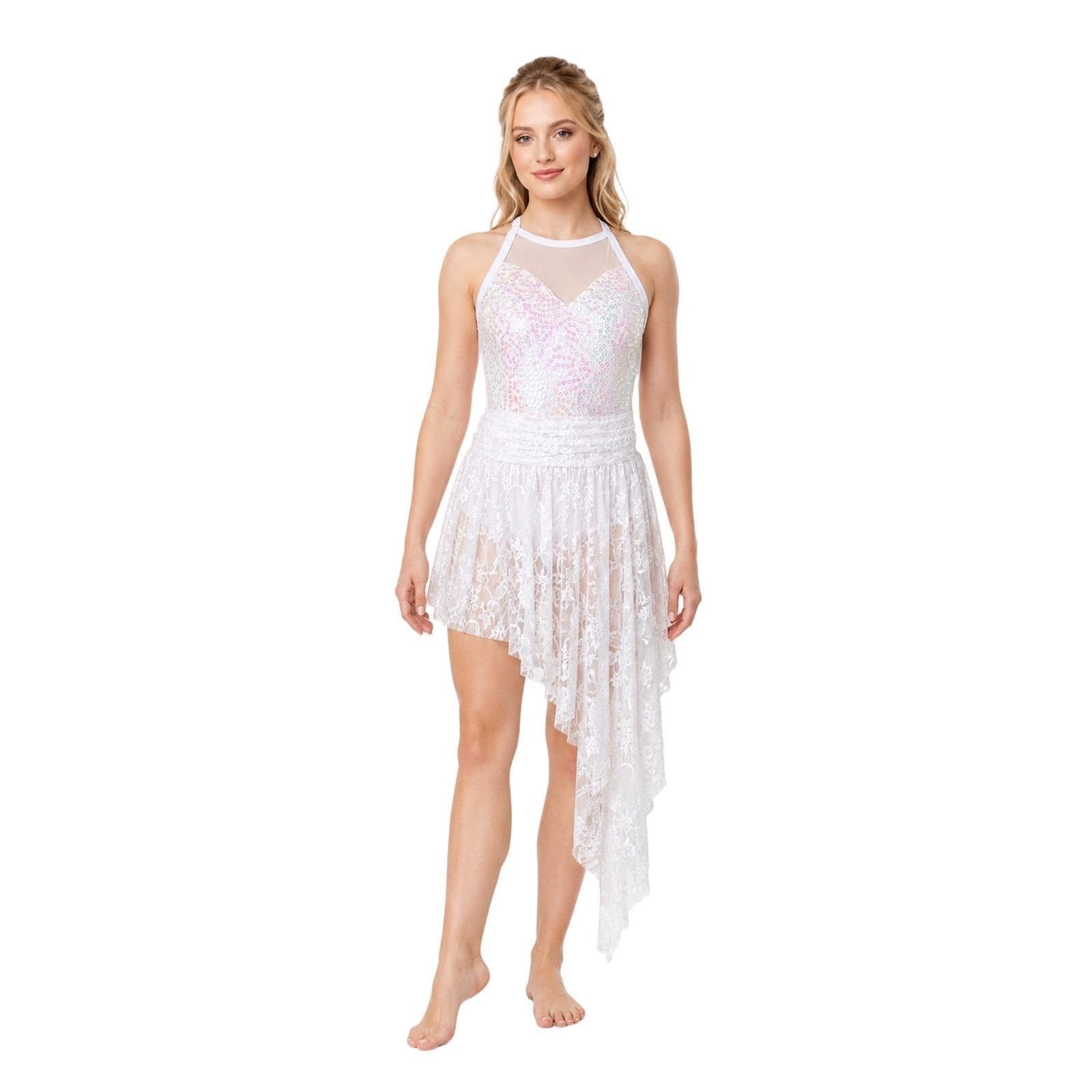Abito da danza lirica donna e teen, body bianco in pizzo con paillettes