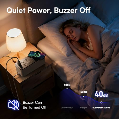 GOLDENMATE 600VA/360W Lithium UPS Battery Backup and Surge Protector, Backup Battery Power Supply with LiFePO4 Batteries(76.8 Wh), 6 Outlets, 2 USB Charger Ports, Wireless Charging, Compact Design