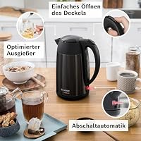Bosch kabelloser Wasserkocher DesignLine TWK3P423 DesignLine kabelloser Wasserkocher, Ausgießen ohne Spritzer, Tassenanzeige, Wasserstandsanzeige, Überhitzungsschutz, 1,7 L, 2400 W, schwarz – Ansicht 2