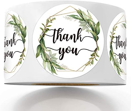 500 Chic Golden Greenery Frames Thank You Label Stickers, 1.5 Inch Circle Round Green Palm Leaves Wreath Thank You Stickers.