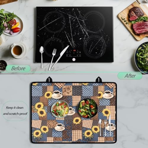 Image of Electric Stove Top Covers Heat Resistant Glass Ceramic Cooktop Cover Mat Multipurpose Kitchen Scratch Resistant Flat Top Stove Cover, 29 x 21 Inch, Sunflower Coffee Patchwork Print