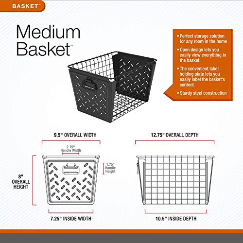 Spectrum Diversified Macklin, Stamped Steel & Wire Basket For Closet & Cubby Storage Vintage-Inspired Design With Customizable Label Plate, Medium, Industrial Gray #TOP4