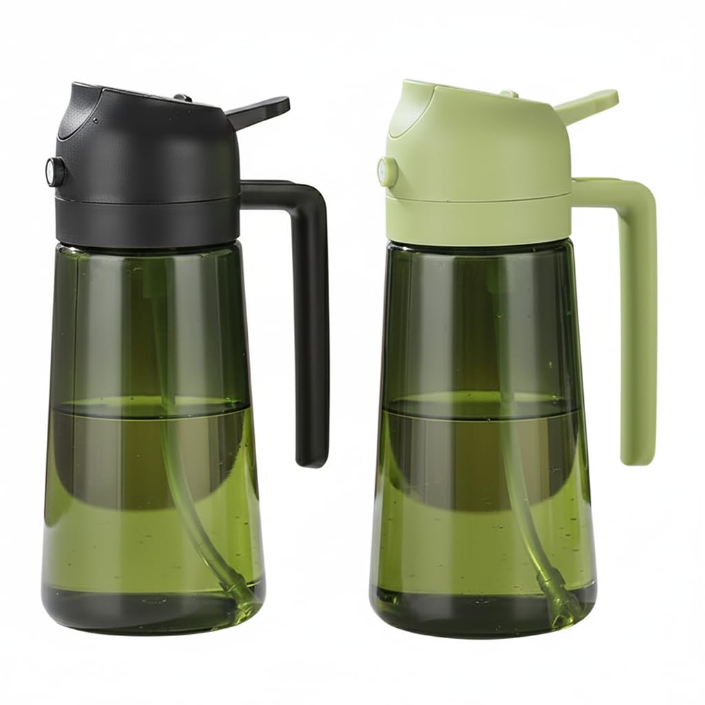 2-in-1-Ölsprüher und -spender zum Kochen, 2 x 473 ml, olivgrünes Glas, um frisches Öl zu konservieren, geeignet für Luftfritteuse, Braten, Grillen, Grillen und Salat (Olivgrün, Schwarz, Grün)