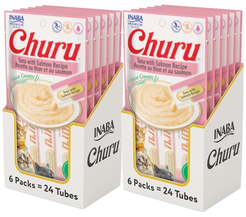 Image of INABA Churu Cat Treats, Grain-Free, Lickable, Squeezable Creamy Puree Cat Treat /Topper with Vitamin E & Taurine, 0.5 Ounces Each Tube, 48 Tubes (4 per Pack), Tuna with Salmon Recipe