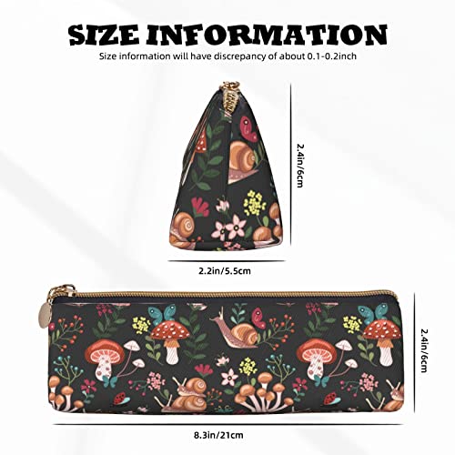 Image of Mushroom Snails Butterfly Flower Pattern Leather Pencil Case Zipper Pen Makeup Cosmetic Holder Pouch Stationery Bag for School, Work, Office