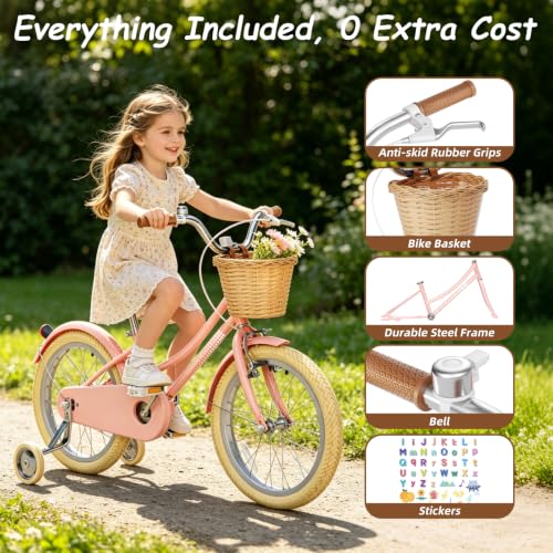 Image of Glaf 12 14 16 18 20 24 Inch Girls Bike with Training Wheels /Kickstand Kids Bike for 2-15 Years Old Toddler Girls Bicycle with Basket, Beach Cruiser Girls Bike