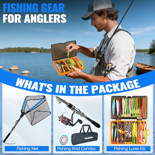 PLUSINNO Fishing Gear, Fishing Rod with 137PCS Lures, Fishing Net, Fishing Starter Kit with Rod and Reel Combo, Tackle Box Floating Net and Carrying Bag for Bass Trout, Fishing Gifts Stuff for Men - Thumbnail 2