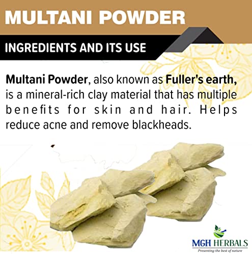 Image of MGH Herbals Multani Mitti Powder (200g) For Black Head Removal, Oil Control, Naturally Glowing Skin, Acne, Pimples, Tan Removal, Dandruff | Fuller's Earth Face Pack | Bentonite Clay Mask, 200gm