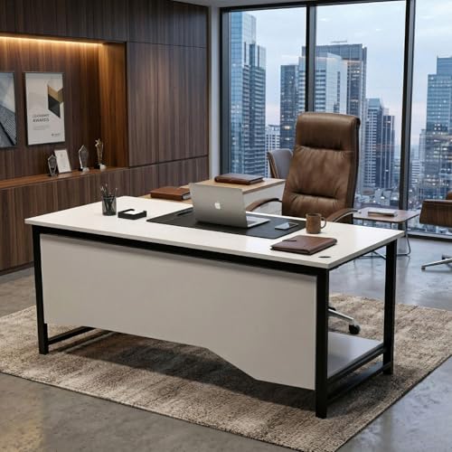 Image of Executive Director Desk | Office Table | Manager Cabin Work Desk with Modesty Panel & Cable Grommet | Sturdy Metal Frame | White Top & Black Base | DIY Installation.