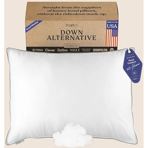 FluffCo Zen Fluff Pillows - Down Alternative - Standard/Queen Bed Pillow for Sleeping Made in USA - Luxury Hotel-Quality Pillow - 100% Cotton, 300 Thread Count (Queen Size 1 Pack)