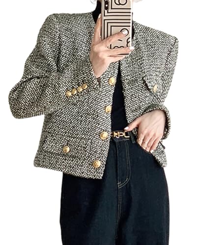 chouyatou Womens Elegant Business Casual Crop Plaid Tweed Blazer Jacket Open Front Short Button Down Suit