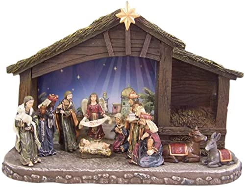 FavorOnline Christmas Nativity Set with Stable and Light 11 Pieces - 12