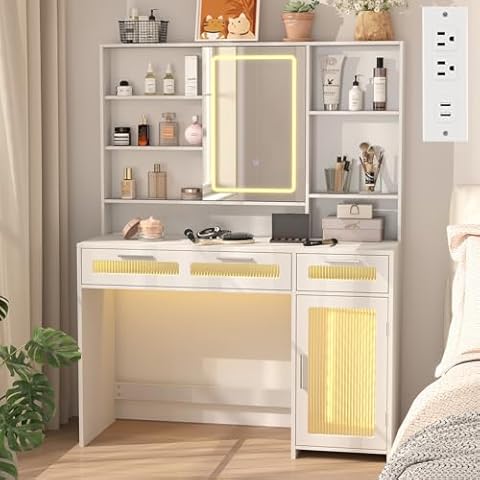 Hadulcet White Vanity Desk with Mirror and Lights, LED Vanity with Power Outlet, Makeup Vanity with 2 Drawers, 10 Storage Shelves and Acrylic Door Cabinet for Bedroom Dressing Room, 43” Cover