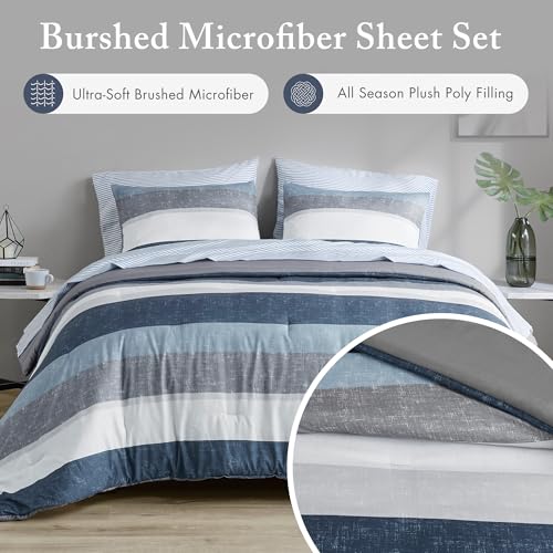 Madison Park Essentials Jaxon Bed in a Bag Comforter Set with Sheet, Printed Stripe Design, Modern All Season Bedding and Matching Sham, Queen Blue/Grey 7 Piece by Madison Park - Image 3