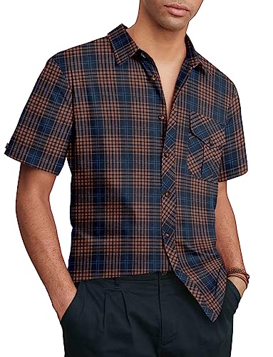 Tureface Mens Plaid Dress Shirts Casual Button Down Short Sleeve Checked Shirt Plus Size Stretch Cotton Linen Shirt(Brown&Blue,3Xl) #TOP4
