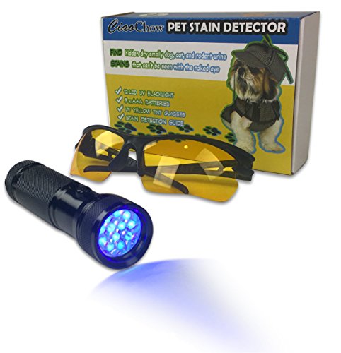Ciao Chow Compact and Bright LED UV Blacklight Flashlight - Pet Urine Detector Kit - Free Safety Glasses, Batteries, and User Guide Included