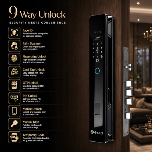 Image of Elara Apex Prime Smart Door Lock, Fingerprint, Card, App, OTP, Keys, PIN Unlock, Palm Unlock, Face Recorganisation, Alarm Alert, Bluetooth & WiFi. (Apex Prime)