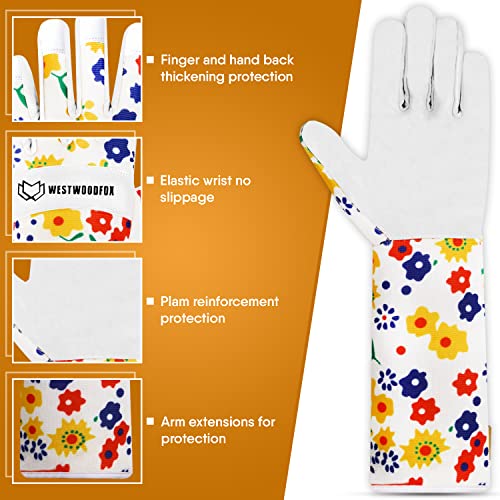 WESTWOOD FOX Leather Gardening Gloves Long Forearm Protection Sleeves Thorn Proof Work Gloves Rose Pruning Garden Safety Breathable Durable Thick Palm Gauntlet Gift for Men and Women (White - Image 2