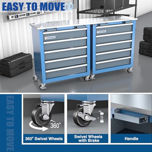 Image of LARBANKE 5-Drawer Rolling Tool Chest with Stainless CounterTop,Tool Chest with Keyed Locking System, with Wheels and Foot Pads,Rolling Tool Cabinet with Drawer Liners,Unique Link Buckle for Connecting | Secure Locking System, 360 Wheels and Padded Feet, Unique Link Buckle for Connecting, For Home, Garage and Office