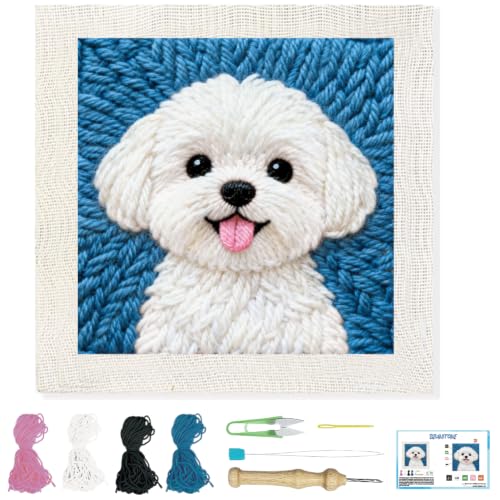 Image of BEUNITONE Punch Needle Kit with Frame for Adults Beginners, Cute Bichon Frise Needlepoint Crafts Kit for Adults, Complete Embroidery Starter Kits with Pre-Print Pattern for Gift Home Decor 9.4 inchx9.4 inch