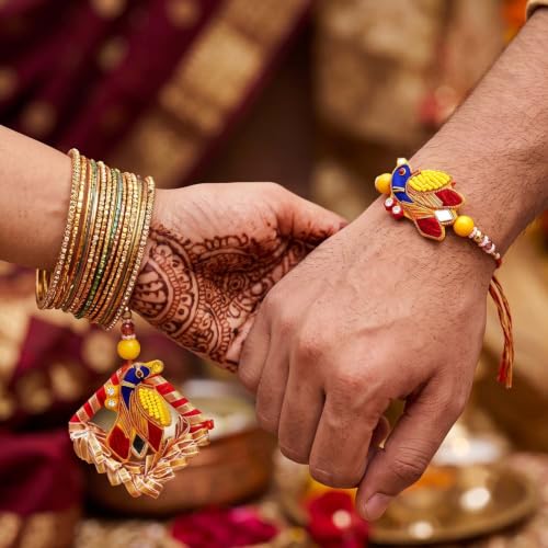 Image of ascension Premium Designer Bhaiya Bhabhi Couple Lumba Rakhi Set Traditional Rakhi Bracelet with Roli Tilak & You are My Hero Fridge Magnet