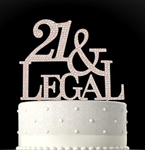 Rubies & Ribbons 21 & Legal Gold Metal with Rhinestones 21st Birthday Cake Topper Party Decoration with Gift Box