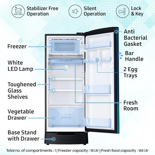 Image of Samsung 183 L, 4 Star, Digital Inverter, Direct-Cool Single Door Refrigerator (RR20H28249U /NL, Paradise Bloom Blue, Base Stand Drawer, Single Touch Defrost, 2026 Model)