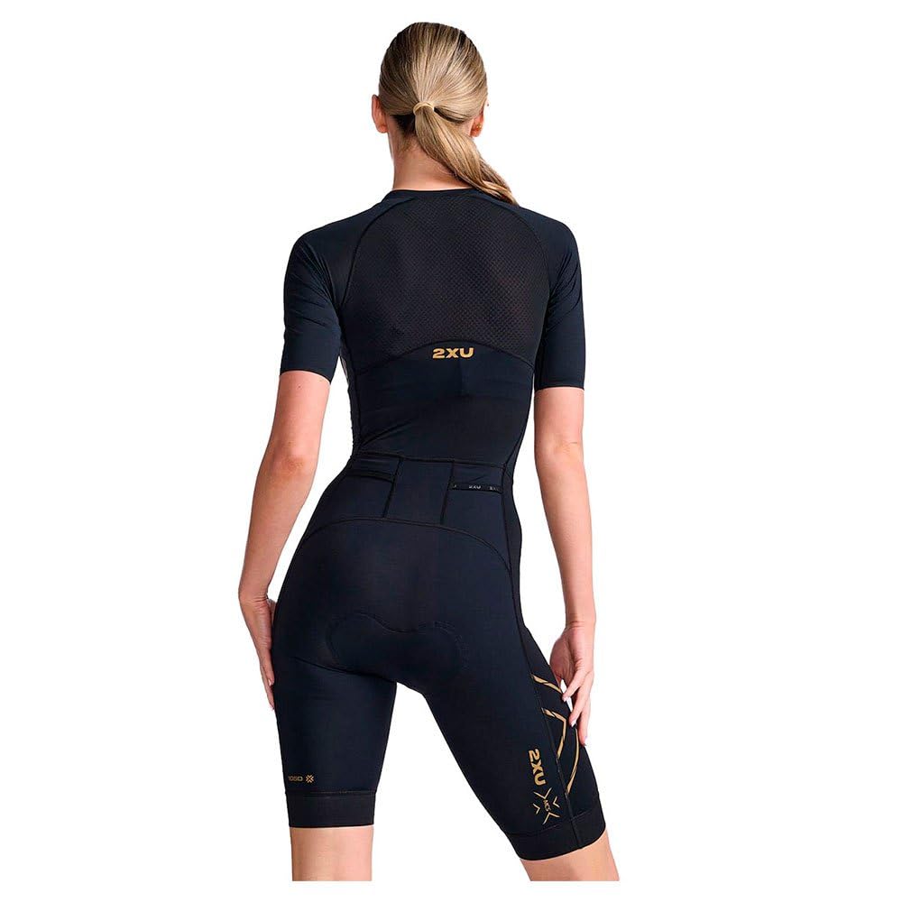 2XU Women's Light Speed Sleeved Tri Suit (US, Alpha, Medium, Regular, Regular, Standard, Black/Gold)