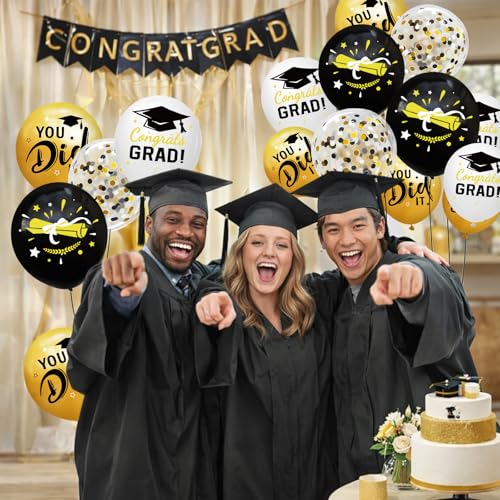 Image of Graduation Decorations 2026 - Graduation Balloons 62pcs 12 Inch Black Gold White Grad Print Latex Confetti Balloons for College High School Class of 2026 Congrats Grad Party Decor Supplies (Ribbon)