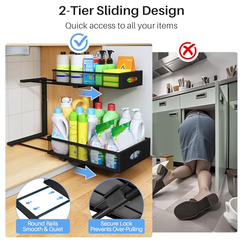 Image of Under Sink Organizer, 2 Pack 2 Tier Pull Out Under Cabinet Organizer Shelf with Pad for Framed Cabinets, Metal Slide Out Under Sink Storage, Mesh Sliding Drawers for Kitchen Bathroom Laundry, Black