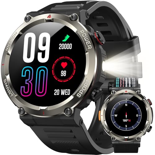 IOWODO Reloj Inteligente Hombre con Llamadas, 1.45' Militar Smartwatch con 960mAh Batería, Linterna LED, Brújula, 123 Modos Deporte, Monitor Cardíaco 24h/SpO2/Sueño, IP68, 2 Correas (iOS/Android)