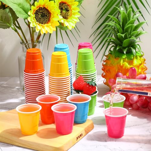 image for Roshtia 100 Pack 2 oz Plastic Shot Cups, Mini Disposable Shot Glasses 