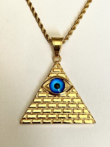 Egyptian Pyramid Necklace – 14k Gold Finish Triangle Evil Eye Pendant with 3mm Rope Chain, Stainless Steel Iced Jewelry for Men & Women2