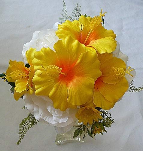 Amazon トス用ブーケ アートフラワー 造花 ハイビスカス ホワイトローズ ウエディングブーケ 造花 オンライン通販