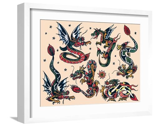 ART.COM Wall Art Print Asian Dragons, Authentic Vintage Tatooo Flash by Norman Collins, aka, Sailor Jerry on White Frame by Piddix, 21" x 17"