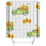 APRMAYST Rustic Farmhouse Shower Curtain, Yellow Sunflower and Green Truck on Vintage Wooden Board,