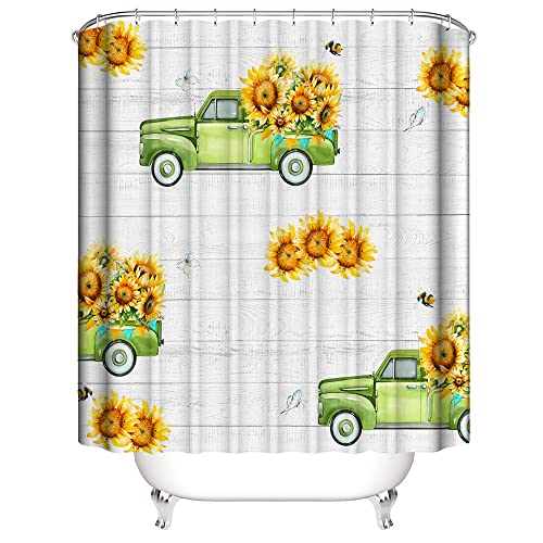 Aprmayst Rustic Farmhouse Shower Curtain, Yellow Sunflower And Green Truck On Vintage Wooden Board, 70 X 72 Inches Polyester Fabric Bathroom Decor Set With 12 Hooks #TOP9