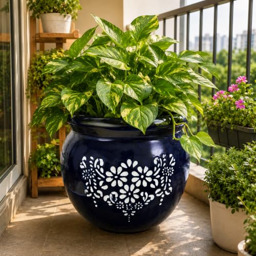 Image of Niyara Designer Ceramic planters pots for Indoor Outdoor Home, Garden Office Decor Balcony Planters Gamla Flower Size- Large, 8 inches (Blue Round Floral)