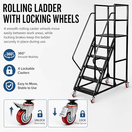 Image of 6 Step Rolling Ladder with Handrails, 1100 lbs Capacity Heavy Duty Mobile Warehouse Ladder with Wheels, Industrial Steel Non-Slip Rolling Stairs with Large Platform, for Garage Stockroom Library