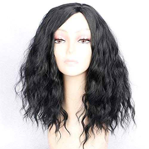 Black Short Wavy Bob Wig Synthetic Curly Bob Wigs For Women Heat Resistant Replacement Wig Side Part 14inch Halloween Party Wig