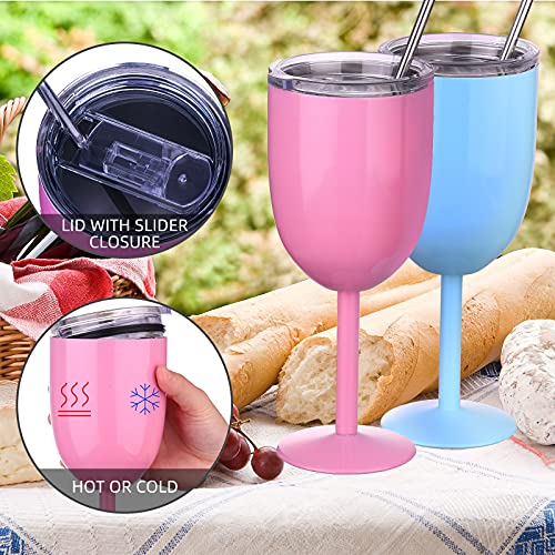 Stemmed Stainless Steel Wine Glasses With Lid Double Wall Insulated Wine Tumbler Unbreakable Goblets Wine Glasses With Drinking Straw And Straw Brush, 10 Oz (Pink, Purple, Light Blue,3 Pieces) #TOP3