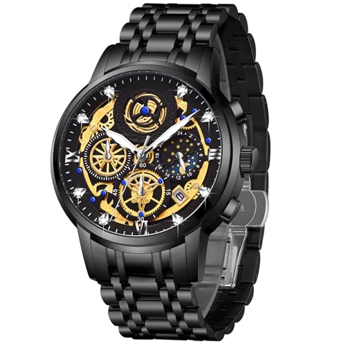 senstone Moon Phase Watch for Men Multifunction Chronograph Dial Analog Quartz Wristwatch Luxury Diamond Business Dress Watch with Luminous Waterproof Calendar Stainless Steel Strap (Black)