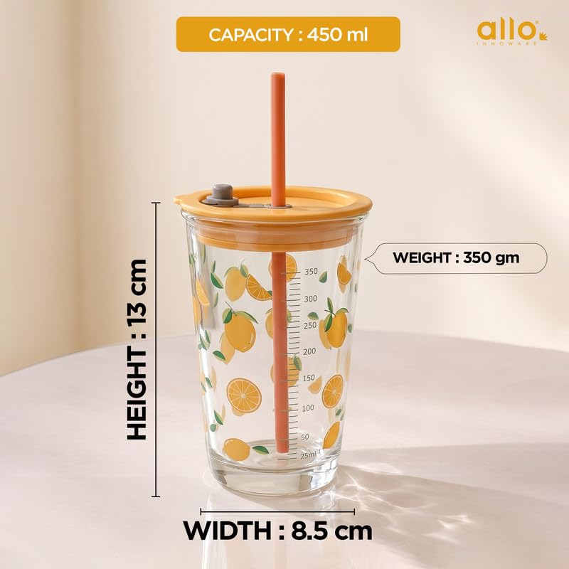 Image of Allo Reusable Glass Mug Sipper Tumbler with Straw, Unique 2 in 1 Anti Spill Lid | Microwave Safe Leakproof Glass with Anti-Slip Grip for Hot & Cold Coffee| Car, Office, Travel use | 450ml (Orange)