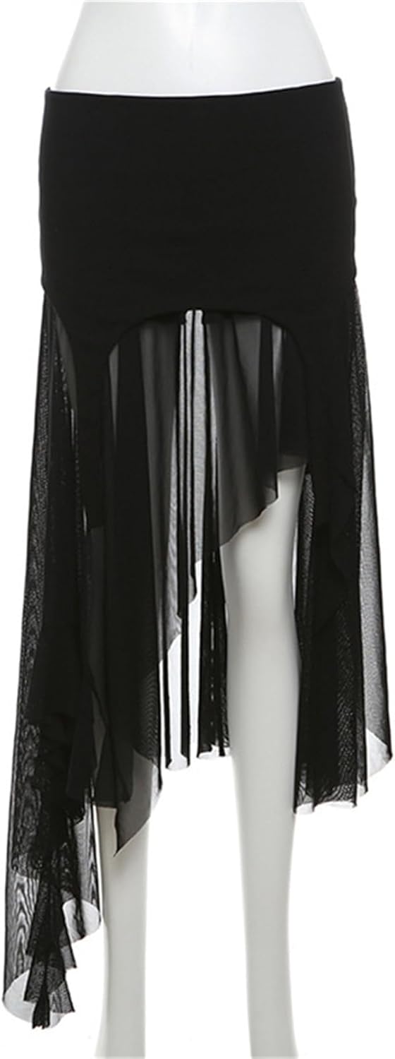 win2win Punk Sheer Mesh Skirt for Women - High Low Low Rise Gothic Hippie Witch, Ballroom, Cheer
