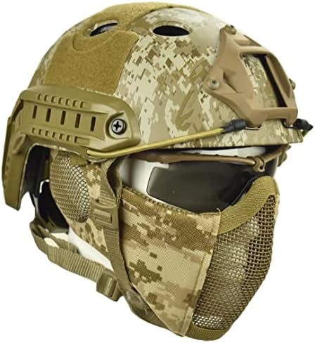 Jadedragon PJ Tactical Fast Helmet & Protect Ear Foldable Double Straps Half Face Mesh Mask & Goggle (Desert Digital)